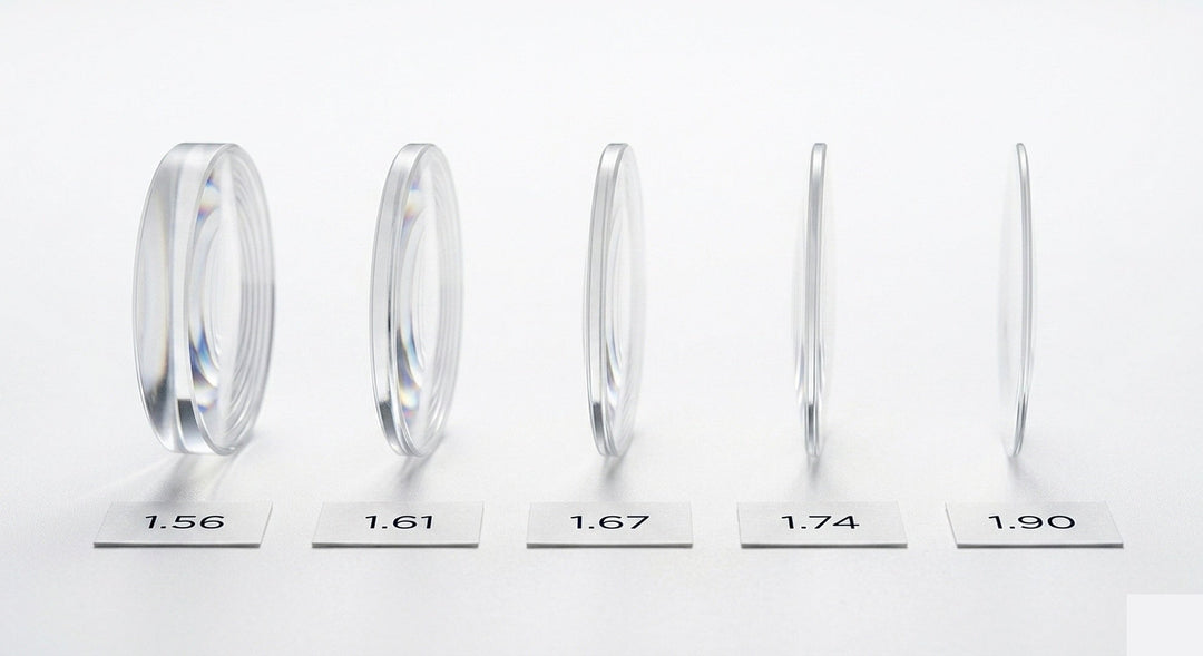 Five prescription lenses showing lens index progression from 1.56 to 1.90 — lens index guide by FuzWeb