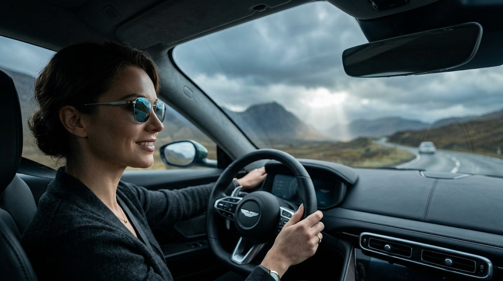 Luxury titanium prescription driving sunglasses with anti-reflective photochromic lenses worn by driver in overcast daylight on scenic mountain road