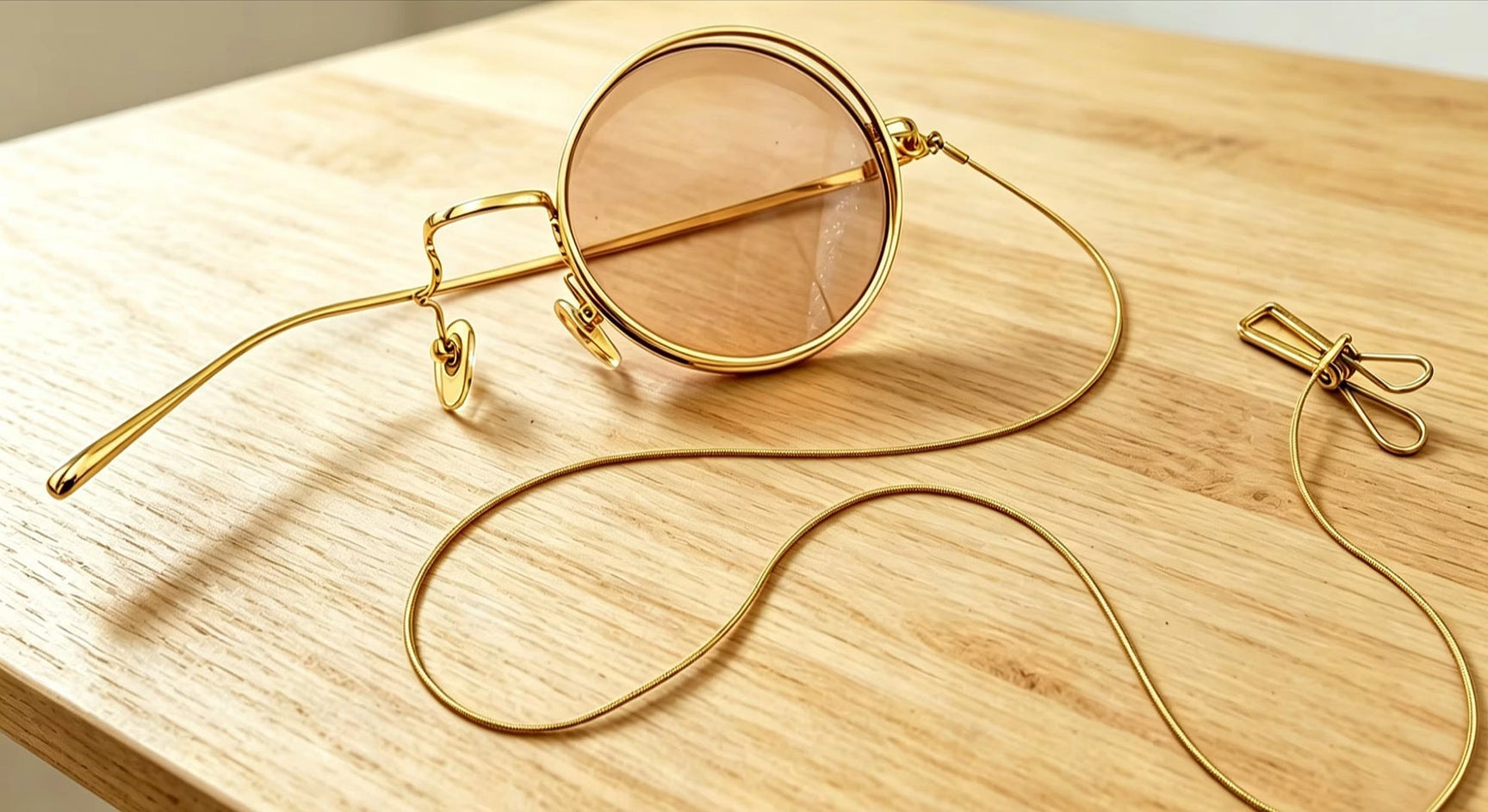 Yujo gold prescription monocle with chain on a wooden surface, single lens eyewear custom made to order at FuzWeb