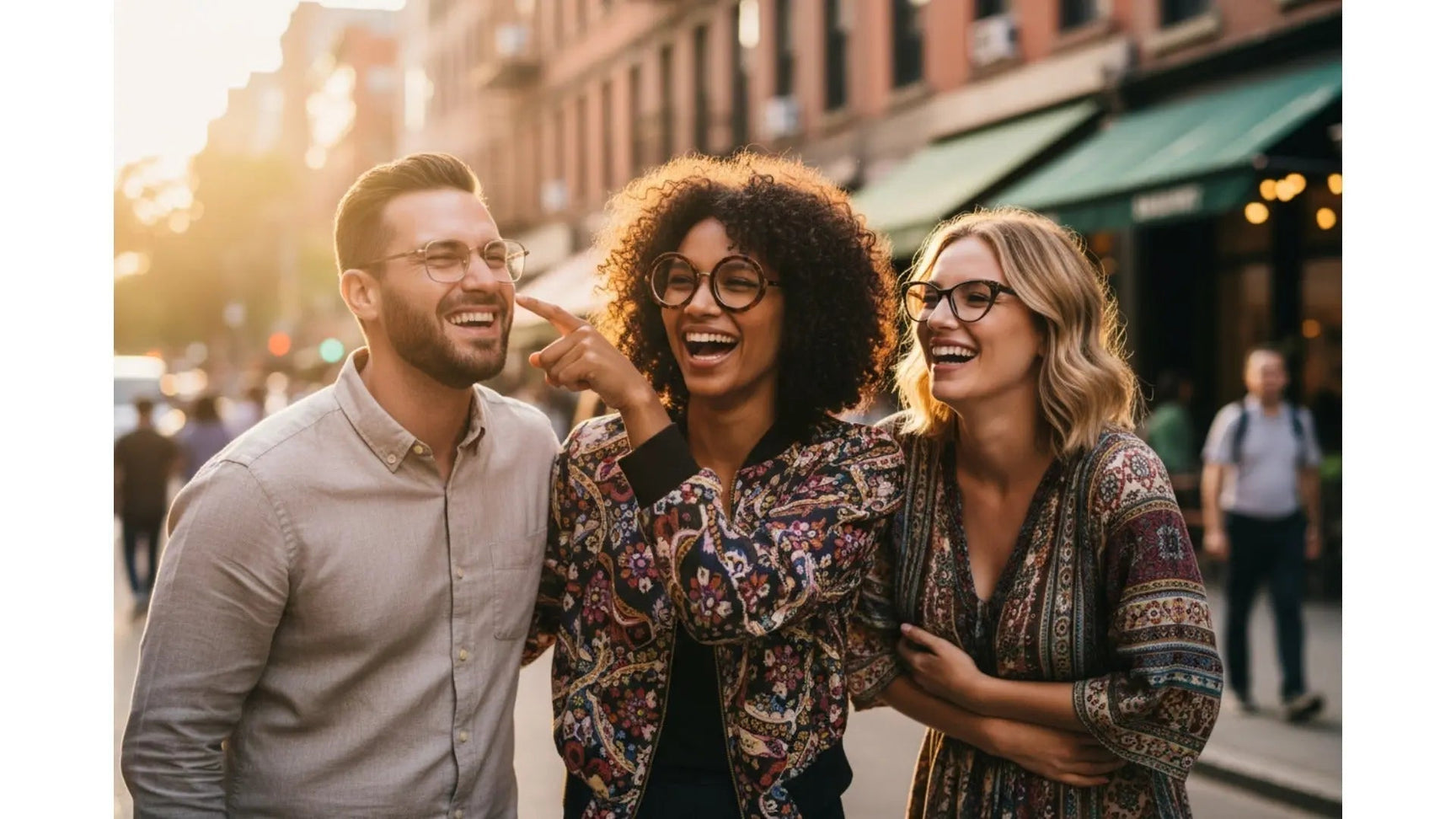 Diverse group of friends laughing outdoors wearing different styles of eyeglasses