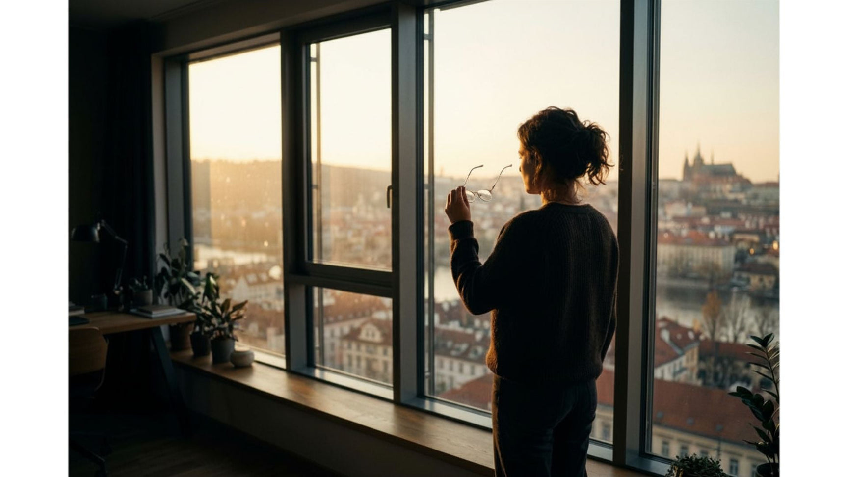 Person standing at window holding prescription glasses at golden hour illustrating getting the right prescription glasses