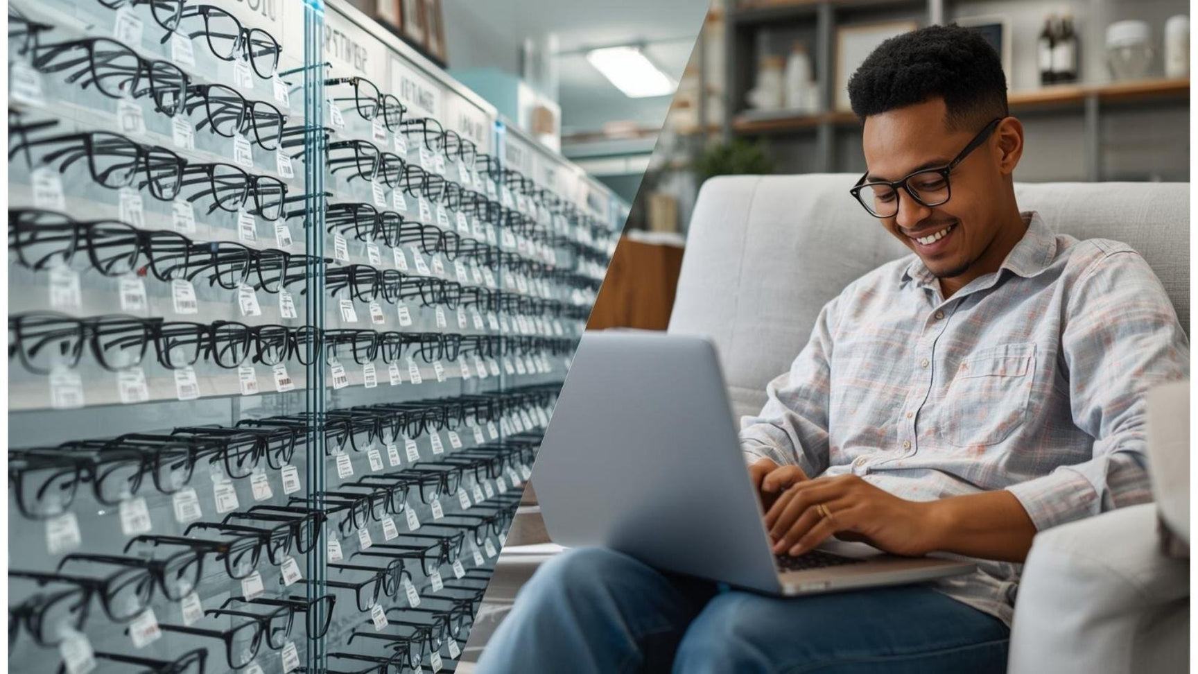 Comparison between a traditional optical store and buying prescription glasses online at home — FuzWeb makes online eyewear simple and affordable