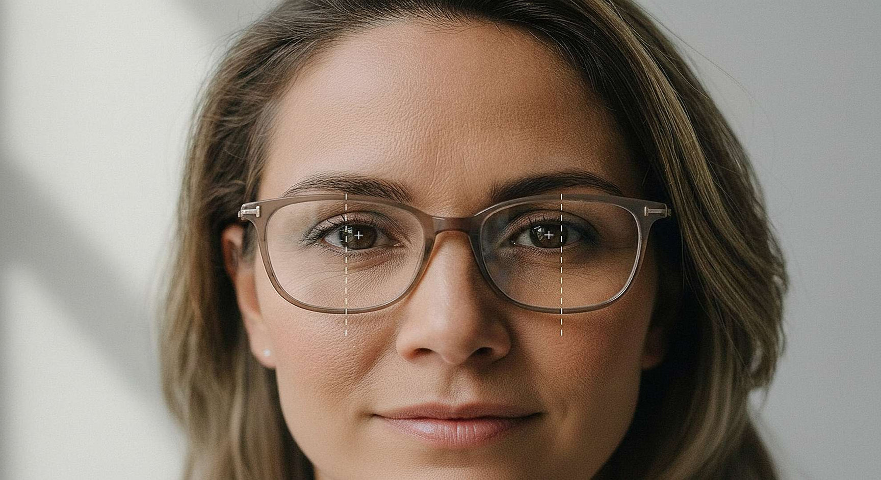 Woman wearing prescription eyeglasses with optical center height measurement lines and crosshairs marked on each lens