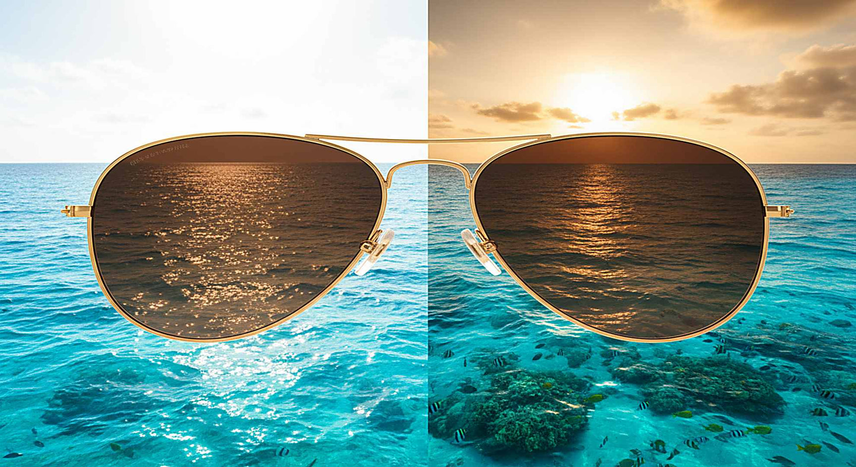 Gold aviator polarized sunglasses split-view — blinding glare on left, crystal clear turquoise ocean on right