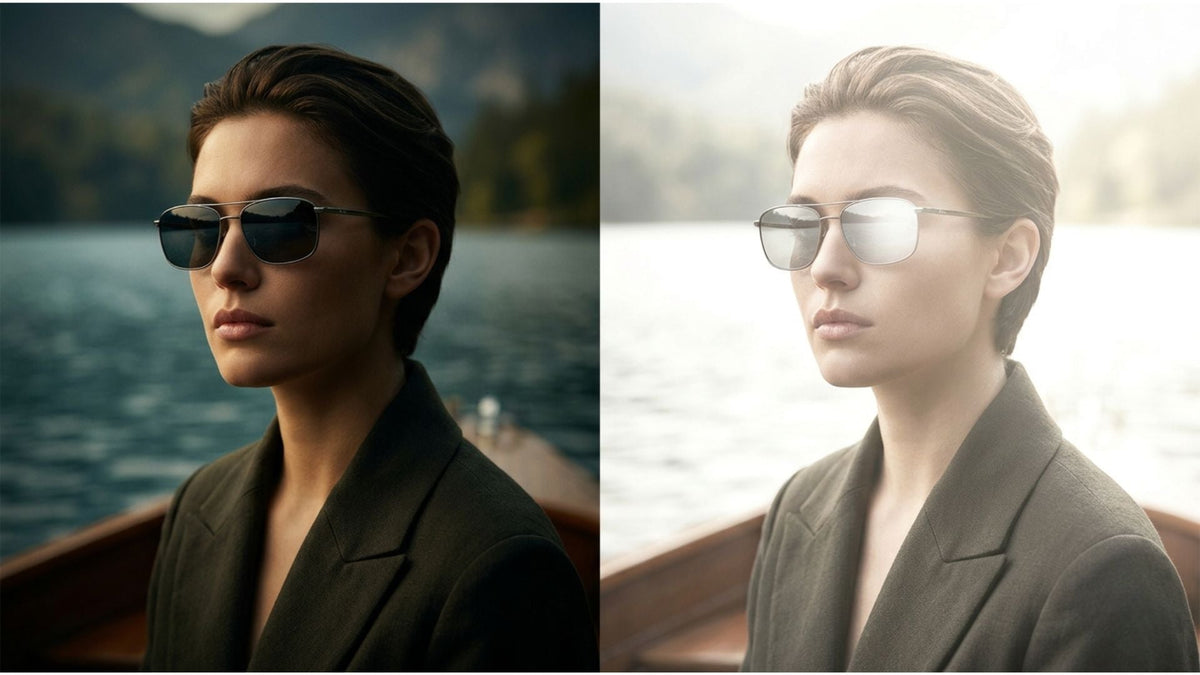 Split editorial shot comparing polarized vs tinted lenses on a bright lake with and without glare