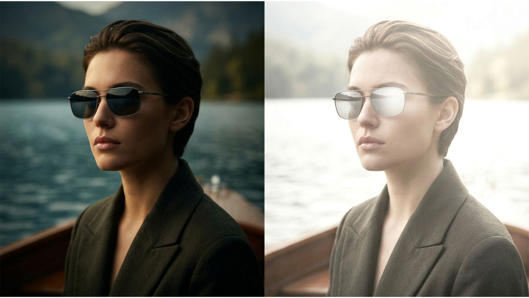 Split editorial shot comparing polarized vs tinted lenses on a bright lake with and without glare