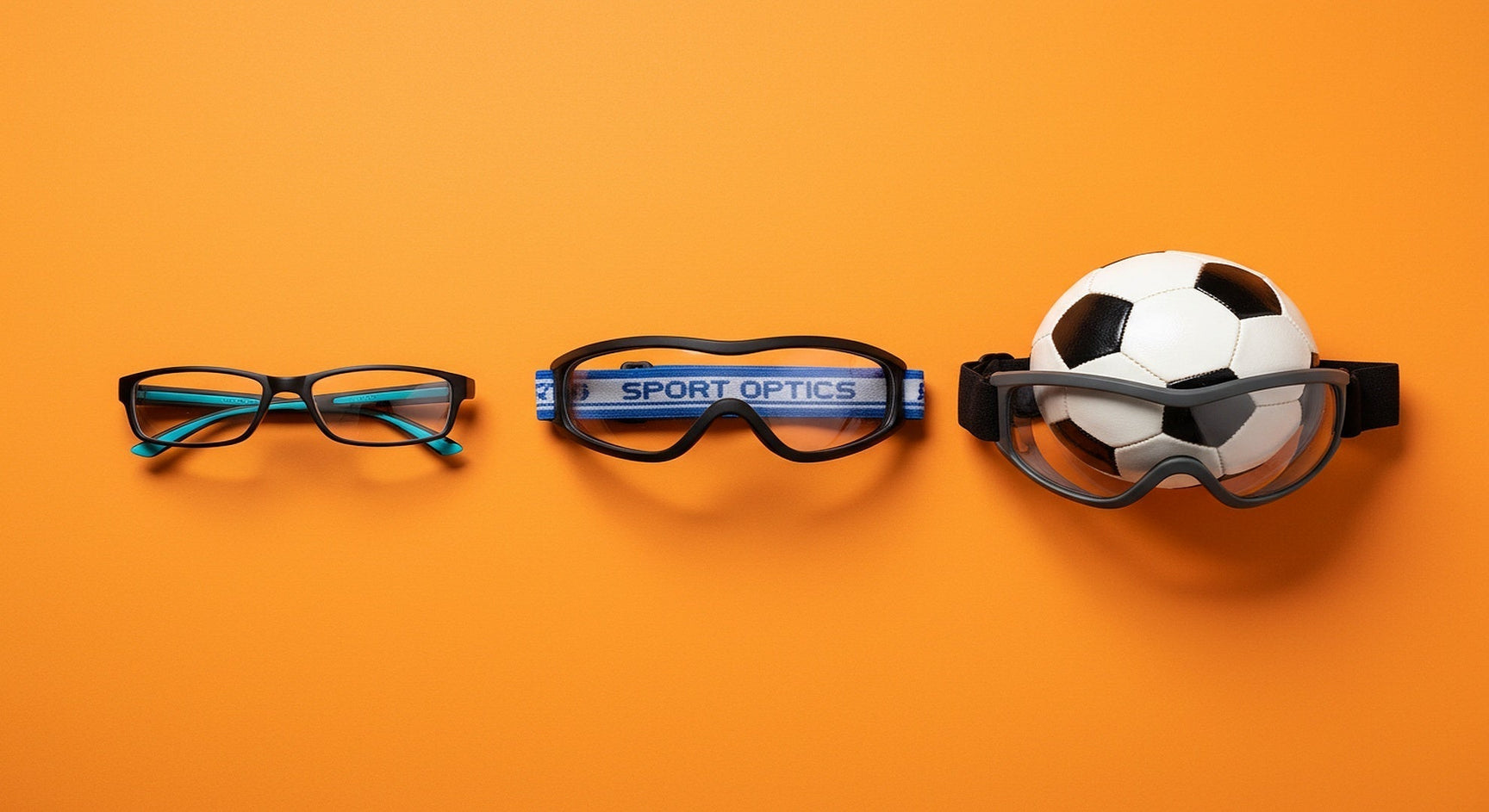 Prescription sport glasses guide showing three sport frames with football on vivid orange surface