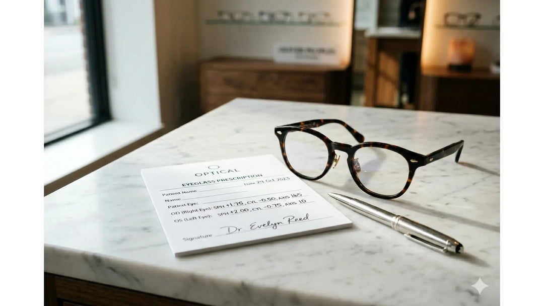 Eyeglass prescription form showing OD and OS rows with SPH, CYL, AXIS and ADD fields beside a pair of acetate frames on a white marble surface — how to read an eyeglass prescription at FuzWeb