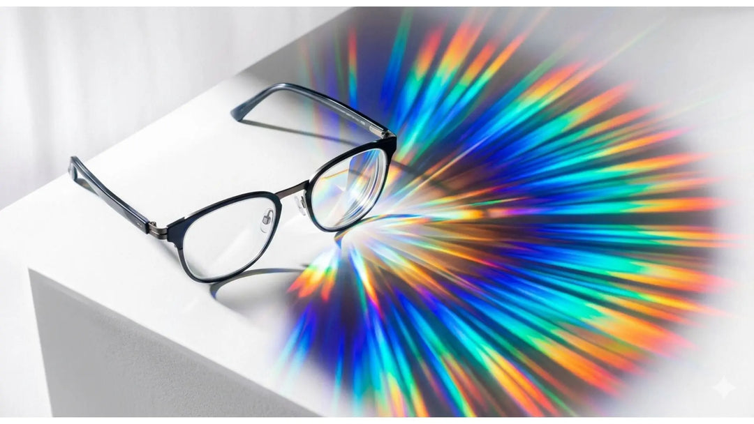 Prism glasses with rainbow light refraction illustrating how prism lenses correct double vision