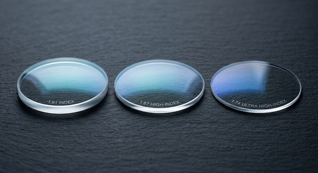 Three precision prescription lenses comparing 1.61, 1.67 high-index, and 1.74 ultra high-index optical clarity and edge thickness