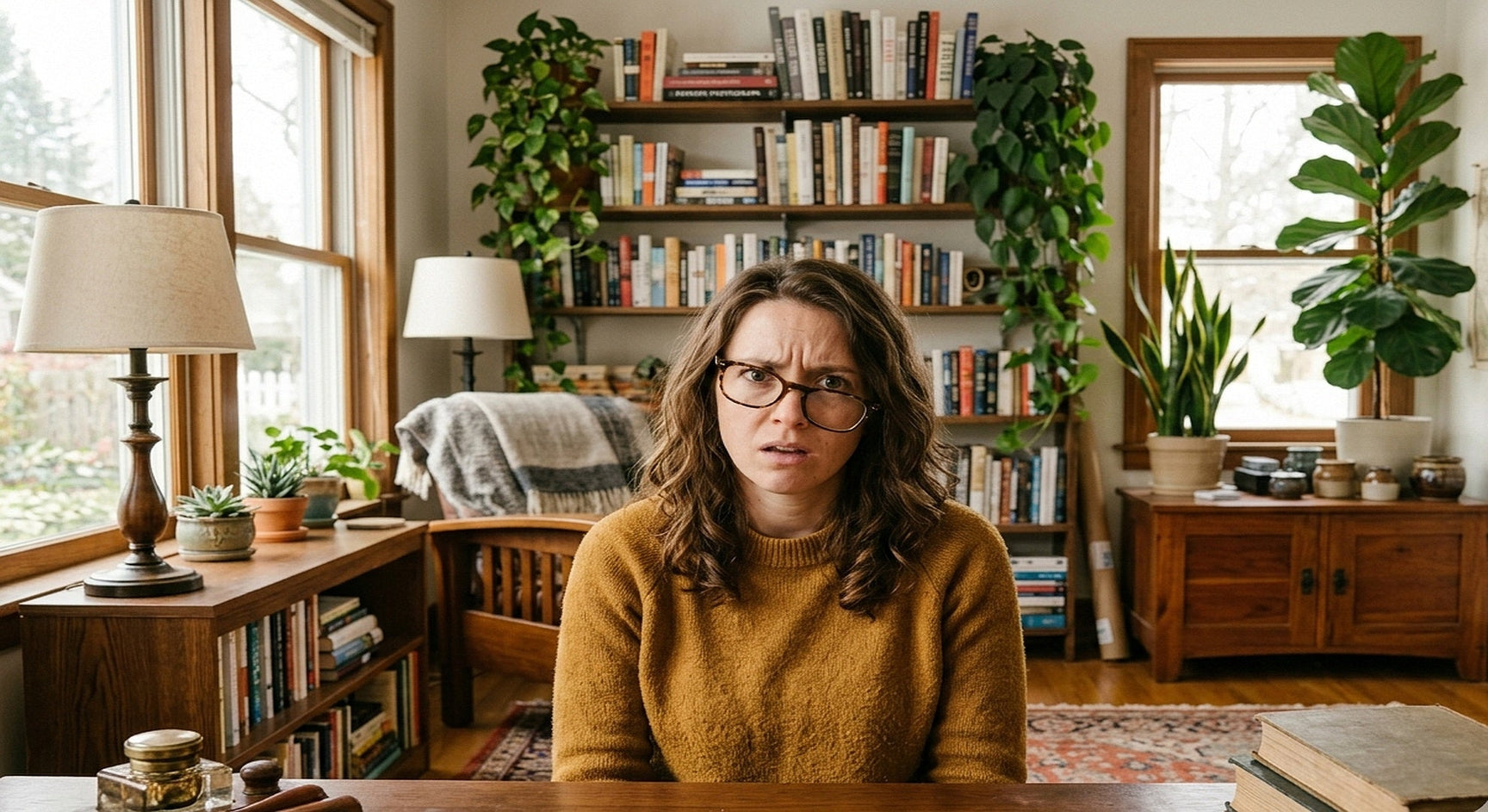 Woman with crooked glasses looking puzzled and frustrated, sitting at a desk at home