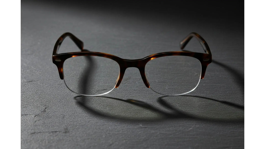 semi rimless glasses in tortoiseshell acetate on slate surface - FuzWeb eyewear collection 2026