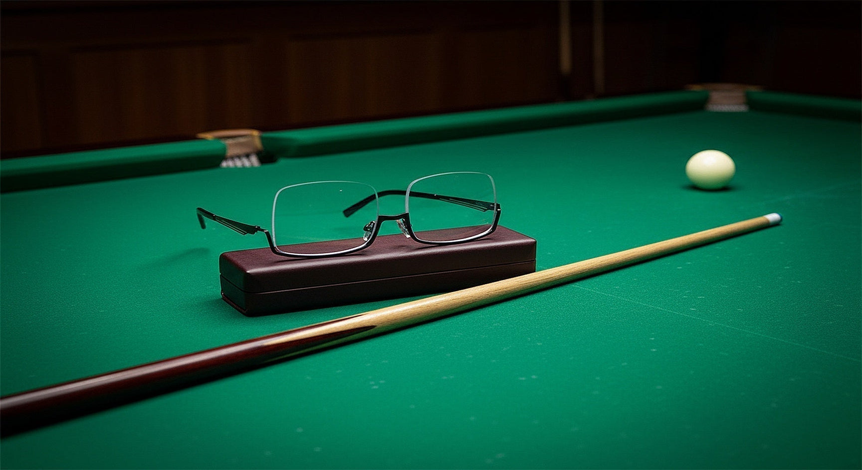 Snooker glasses with semi-rim alloy frame resting on green baize snooker table with cue and white ball