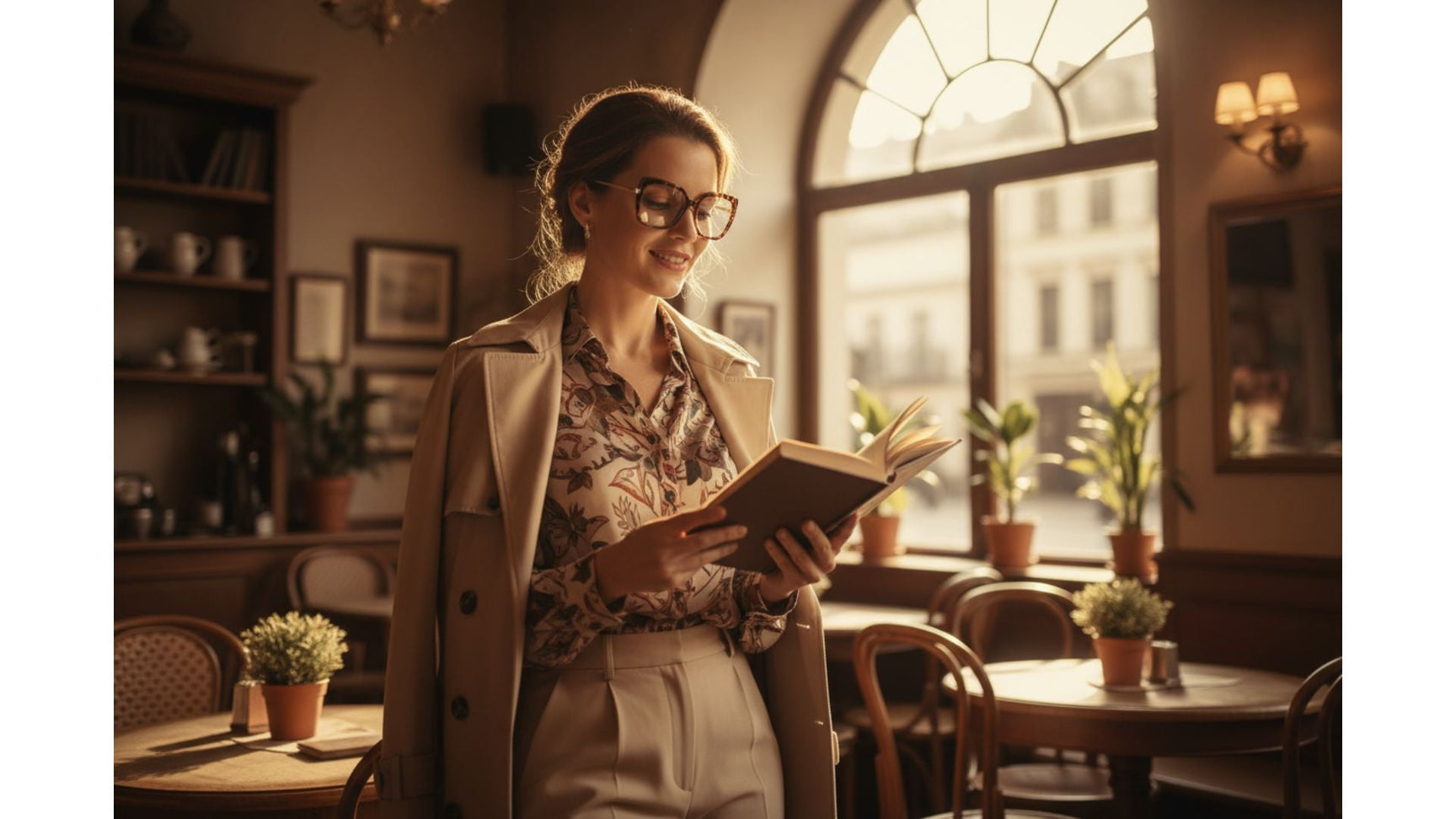 Woman wearing prescription glasses in a sunlit café — SPH CYL and AXIS explained by FuzWeb
