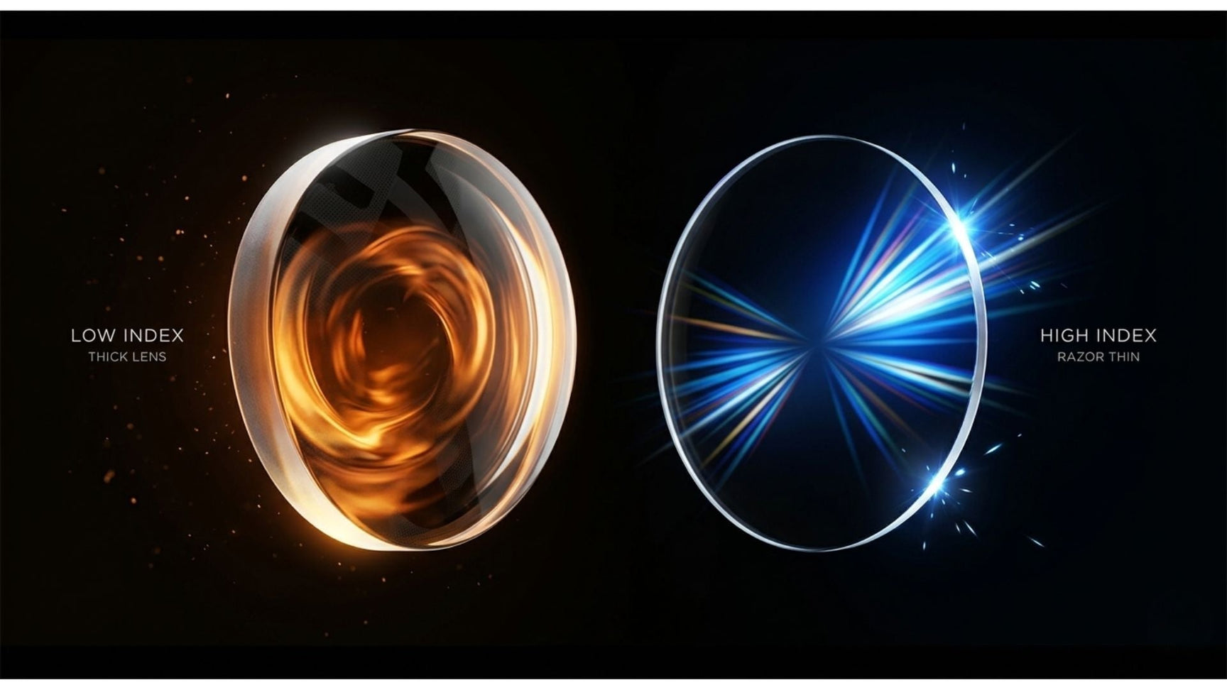 Two prescription lenses floating in mid-air contrasting thick standard index lenses with razor-thin high index lenses, vivid light refracting in amber and electric blue