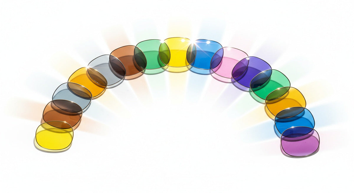 Tinted lenses in amber, grey, brown, blue and green fanned out with vivid coloured light refracting through each lens
