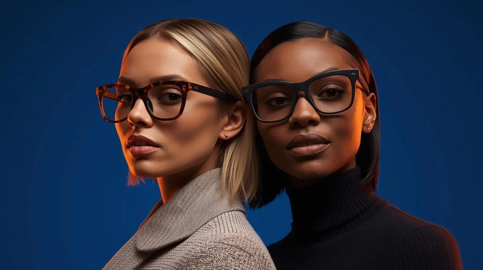 acetate vs TR-90 frames worn by two people - premium eyeglass frames at FuzWeb from $19.99
