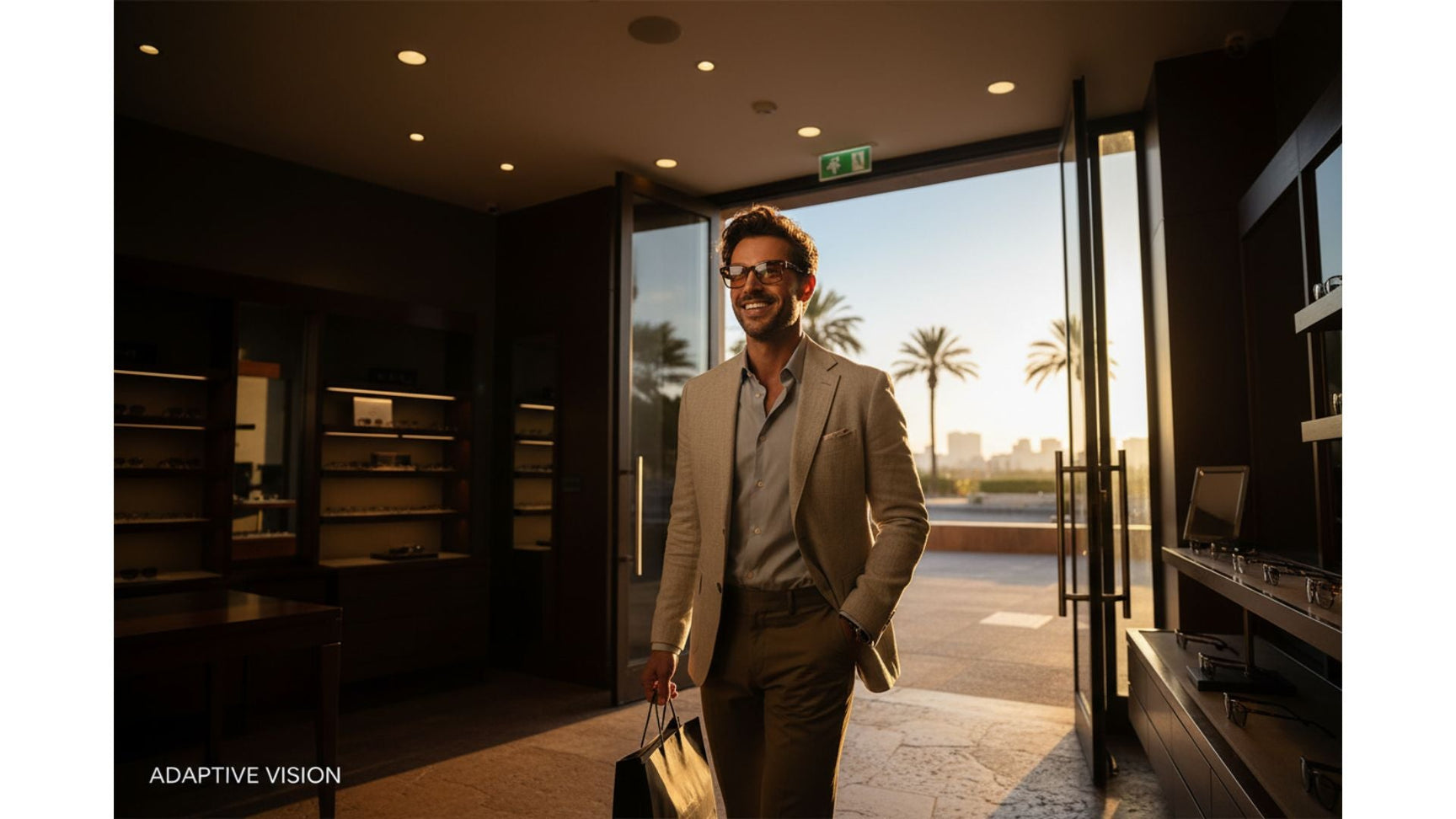 Person walking into sunlight wearing transition eyeglasses that darken automatically outdoors