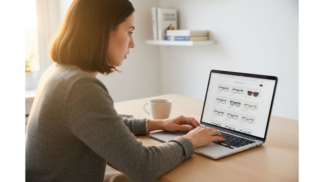 Person hesitating before deciding to buy prescription glasses online at a laptop