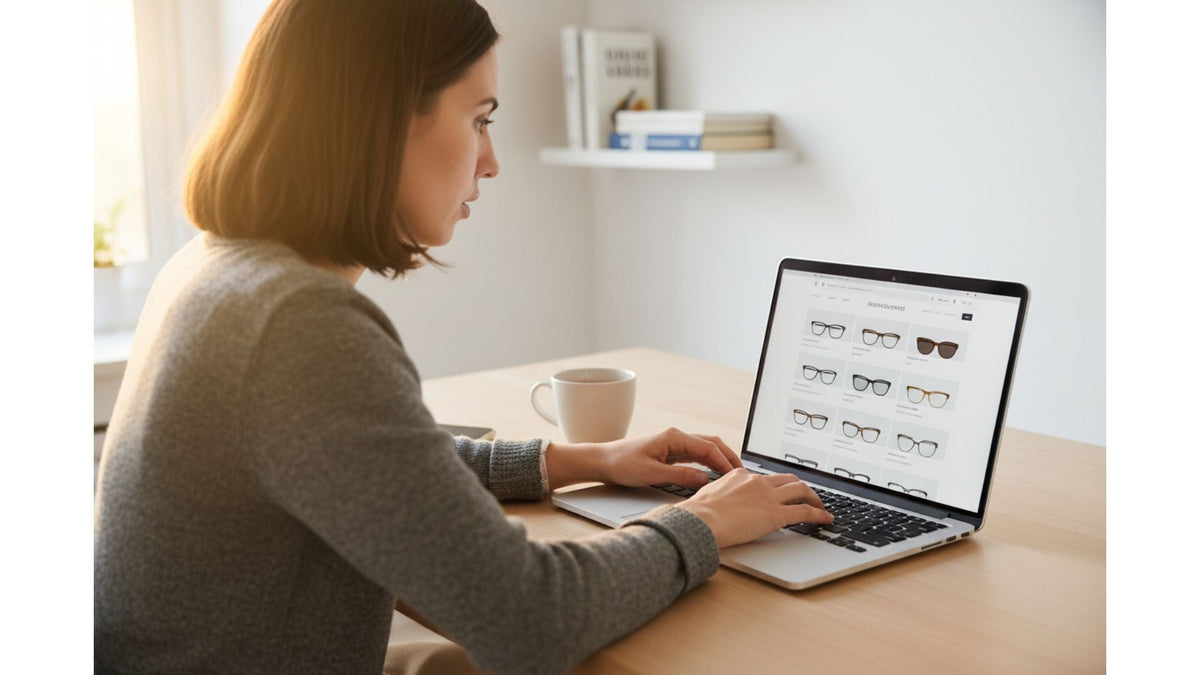 Person hesitating before deciding to buy prescription glasses online at a laptop