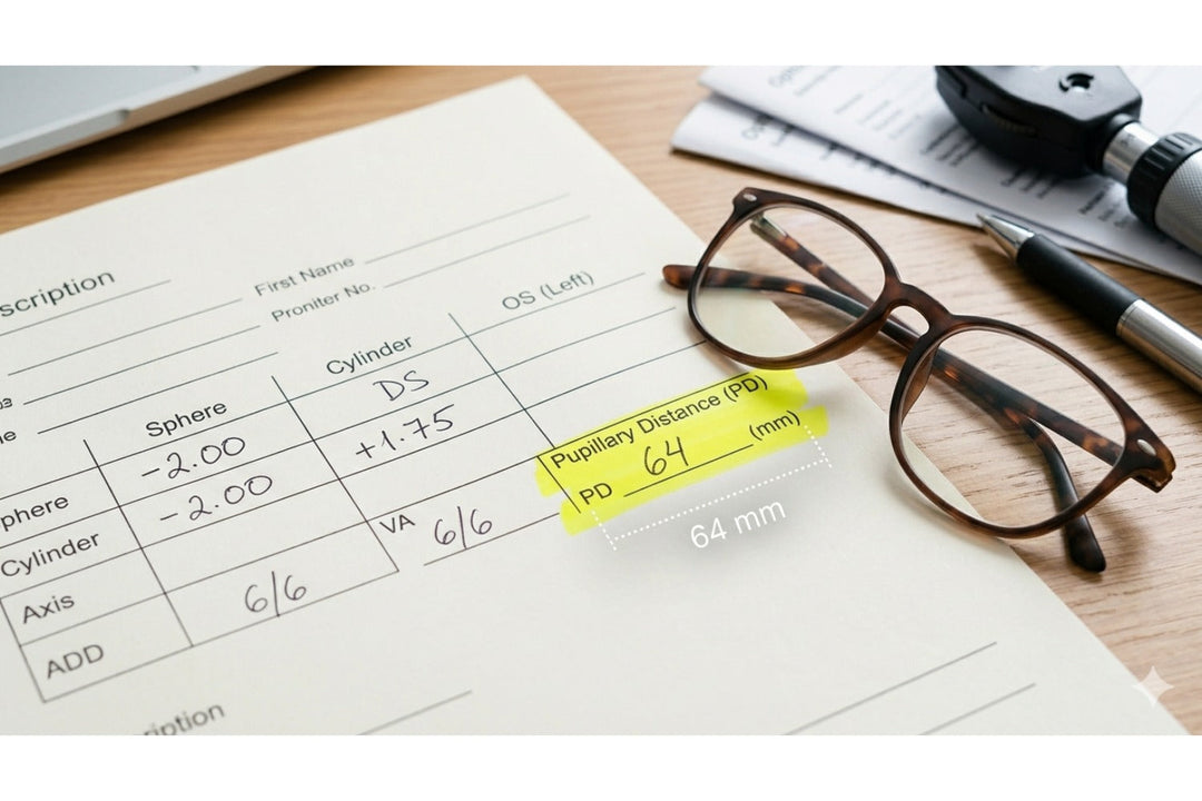 Eyeglass prescription slip with prescription eyeglasses and yellow note - Understanding Pupillary Distance with FuzWeb