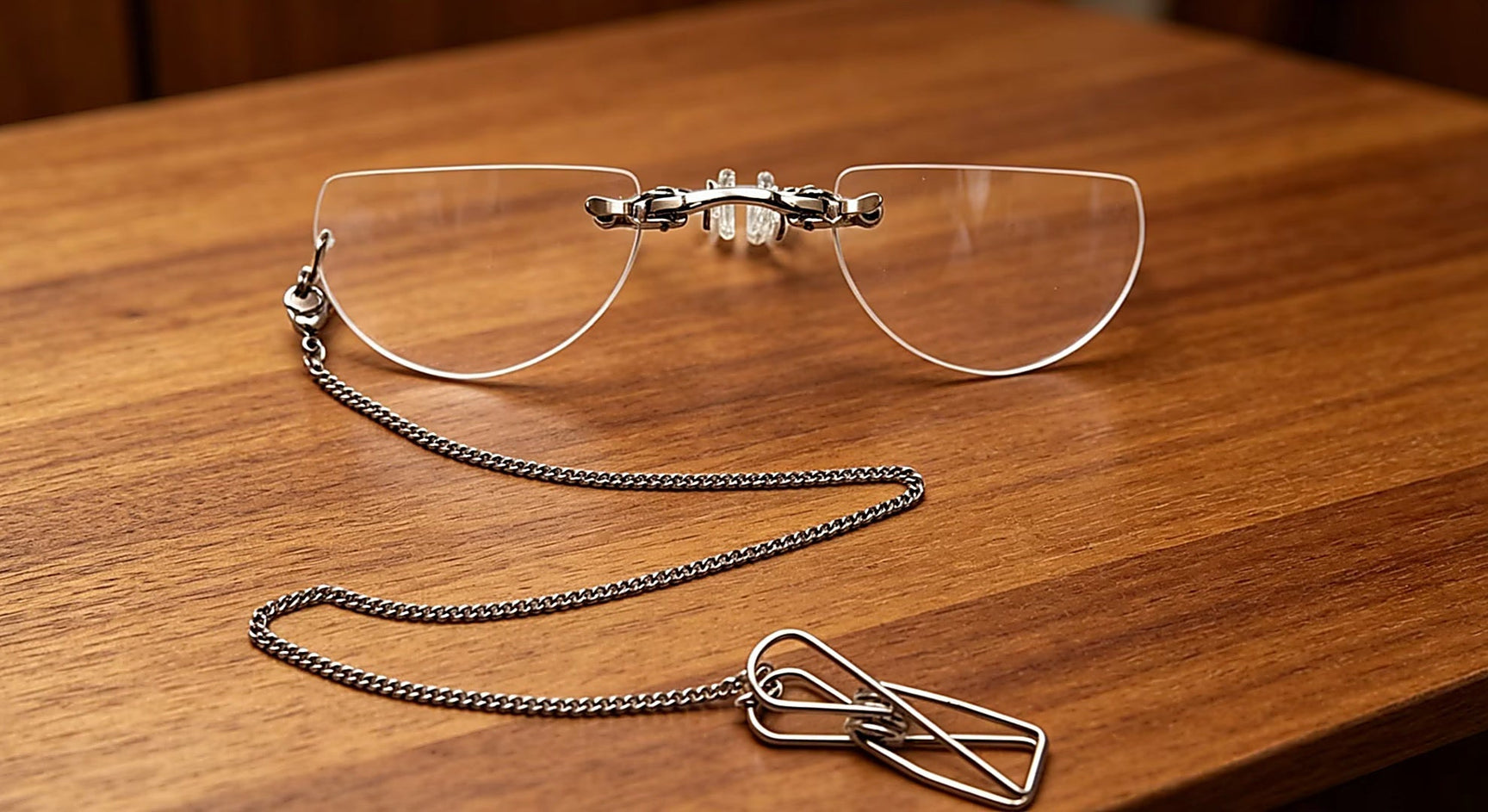 Yujo prescription opera glasses with stainless steel chain and lapel clip on warm wood surface, custom opera glasses at FuzWeb