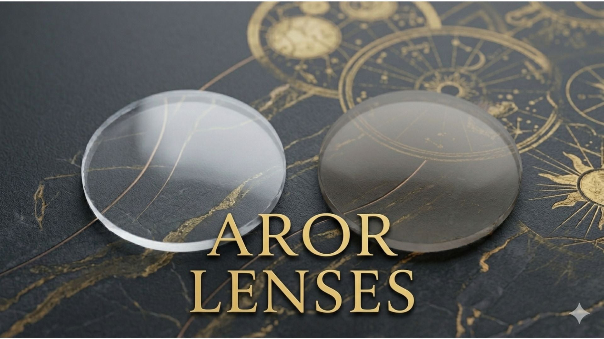 Two uncut round Aror CR-39 optical lens blanks — one clear and one subtly tinted photochromic — resting on a marble surface, representing the Aror single vision and progressive lens collection available 