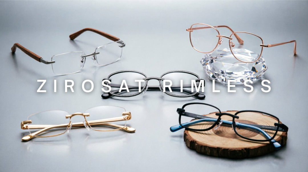 FuzWeb Zirosat rimless collection featuring titanium TR90 diamond cut wood temple eyeglasses in rectangle oval and square styles on platinum-gray studio background with soft diffused lighting
