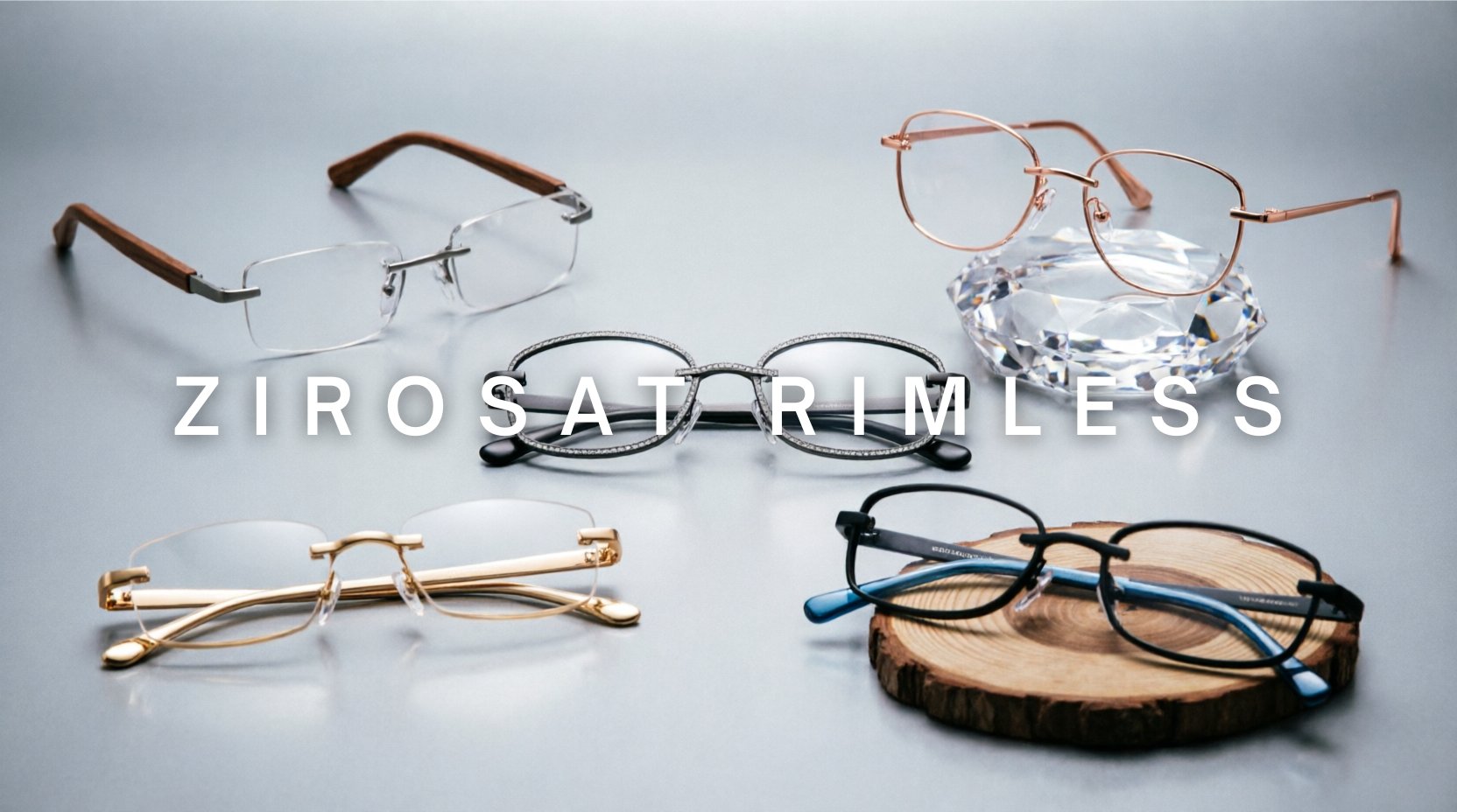 FuzWeb Zirosat rimless collection featuring titanium TR90 diamond cut wood temple eyeglasses in rectangle oval and square styles on platinum-gray studio background with soft diffused lighting