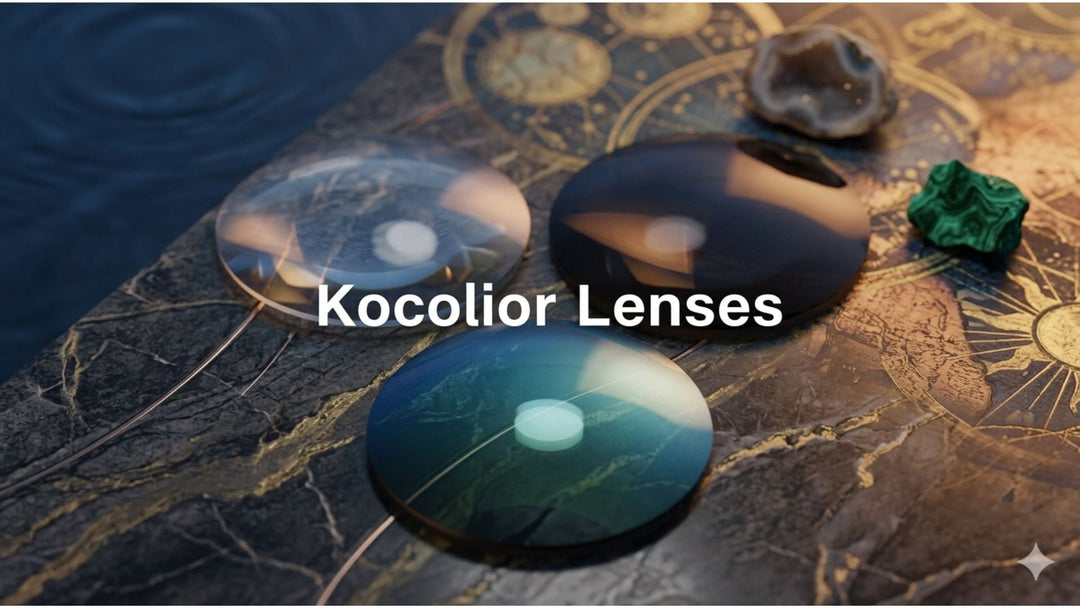 Three uncut round Kocolior optical lens blanks — clear, tinted, and polarized — arranged on a dramatic gradient background representing the full Kocolior lens range available