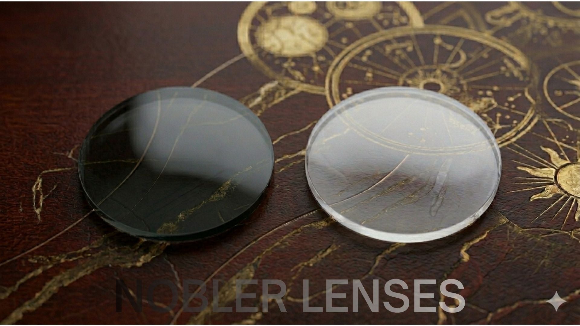 Two uncut round Nobler CR-39 optical lens blanks — one clear and one photochromic gray — on an elegant dark background, representing the Nobler single vision and progressive lens collection available