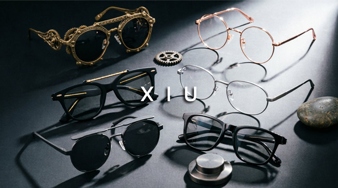 FuzWeb XIU sunglasses collection featuring steampunk keyhole flip-up round oval square metal frames in gothic punk luxury styles on charcoal-black metallic studio background with dramatic side lighting