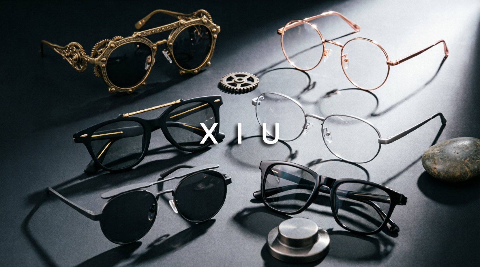 FuzWeb XIU sunglasses collection featuring steampunk keyhole flip-up round oval square metal frames in gothic punk luxury styles on charcoal-black metallic studio background with dramatic side lighting