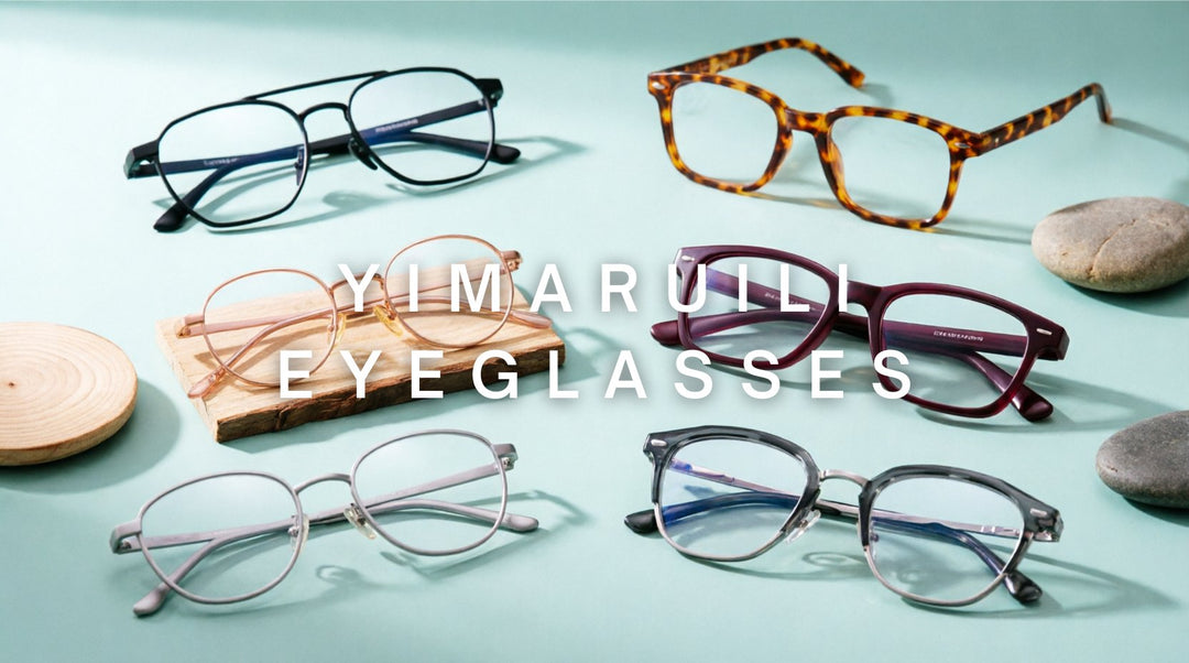 FuzWeb Yimaruili eyeglasses collection featuring titanium alloy acetate frames in polygonal square round full semi-rim styles for men women youth on mint-teal gray background with natural lighting