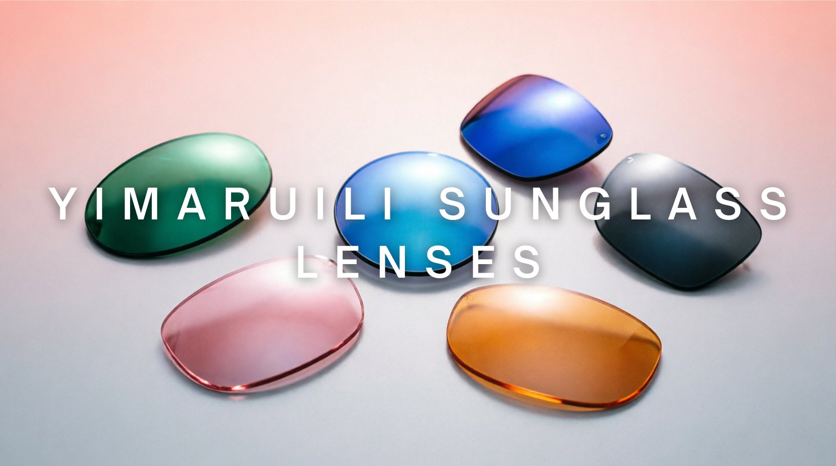 FuzWeb Yimaruili sunglass lenses collection featuring tinted aspherical non-polarized lenses in range of colors on coral-pink gray studio background with soft diffused lighting