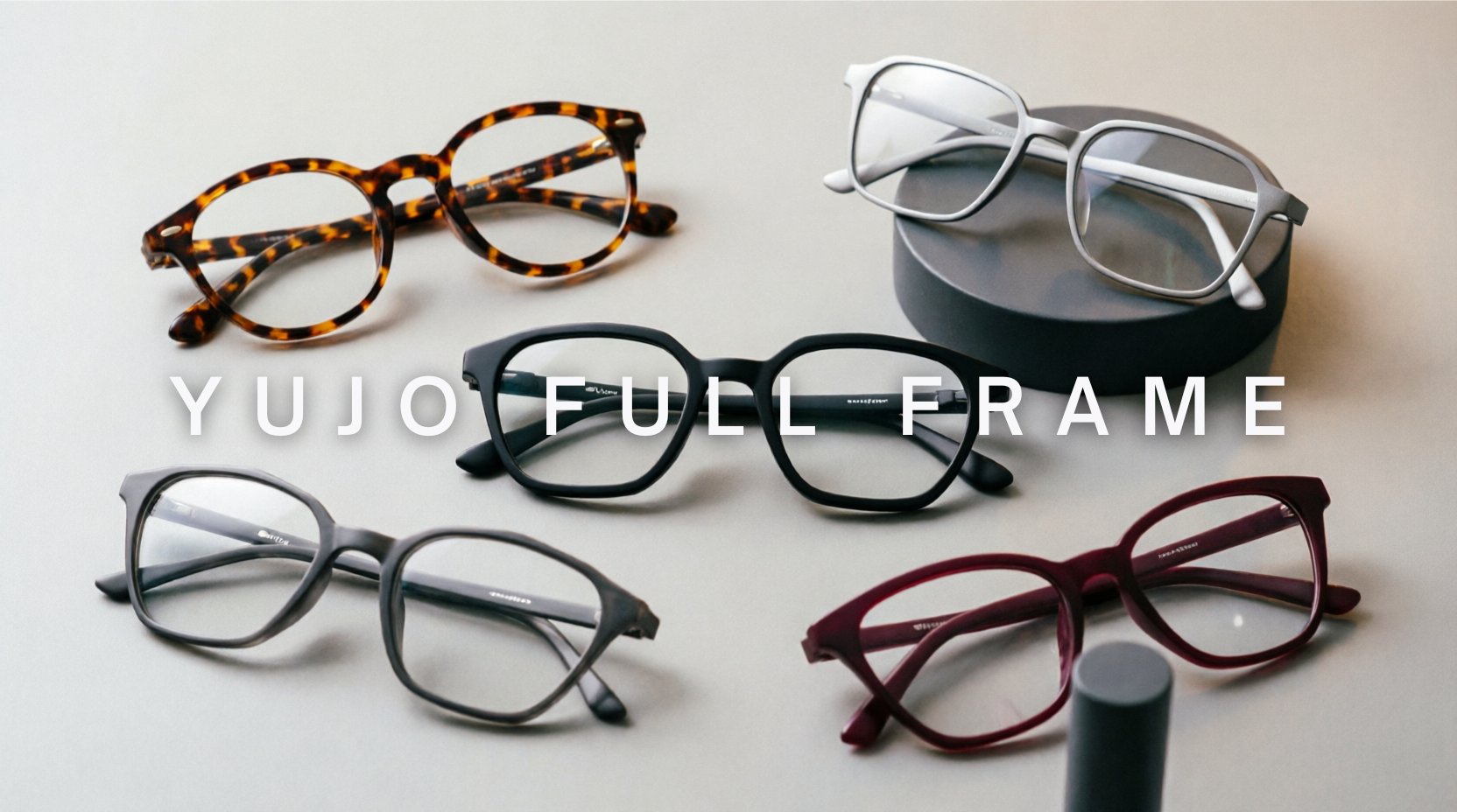 FuzWeb Yujo full frame collection featuring alloy steel acetate eyeglasses in round polygonal square cat-eye styles on slate-warm gray studio background with soft balanced lighting