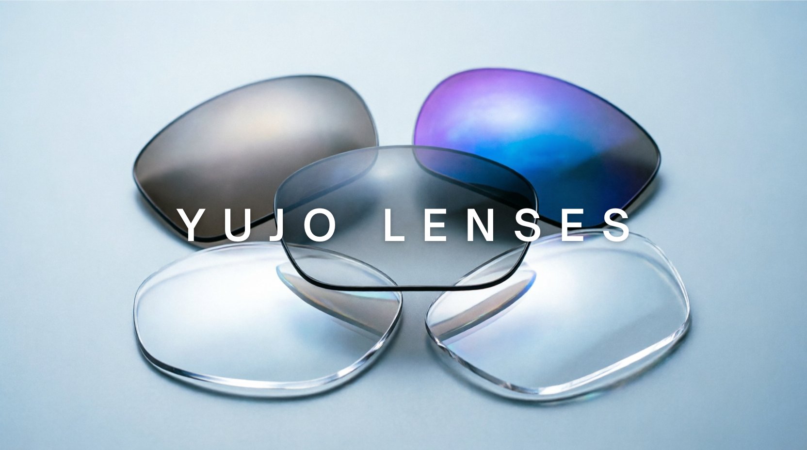 FuzWeb Yujo lenses collection featuring polarized photochromic anti-blue light high-index 1.61 1.74 lenses on ice-blue gray studio background with soft top-left lighting