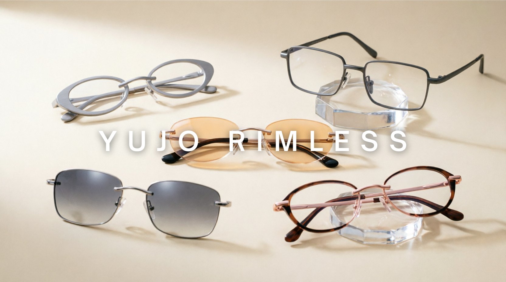FuzWeb Yujo rimless collection featuring titanium stainless steel eyeglasses in oval square styles with tinted lenses on pearl-champagne studio background with soft diffused lighting