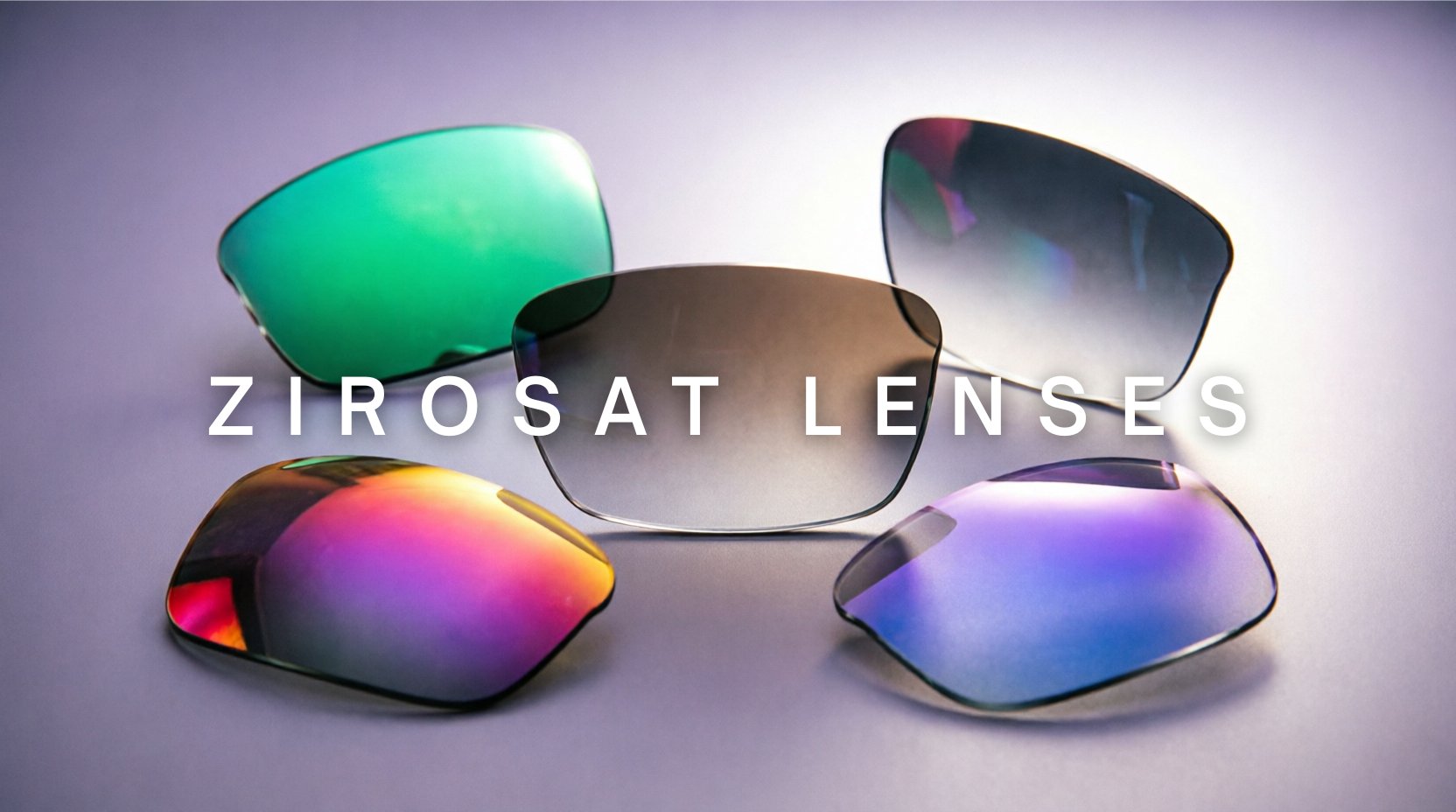 FuzWeb Zirosat lenses collection featuring photochromic progressive multifocal lenses in gradient solid color tints on amethyst-purple gray studio background with soft back-right lighting
