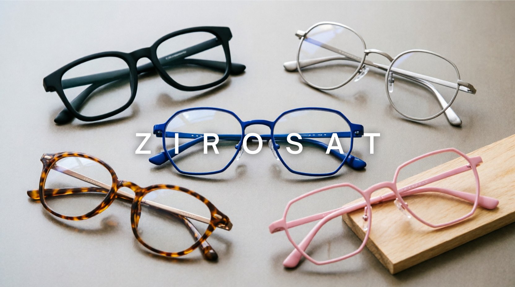 FuzWeb Zirosat collection featuring acetate titanium alloy eyeglasses in square round polygonal styles in classic black brown and vibrant blue pink on stone-gray studio background with natural lighting