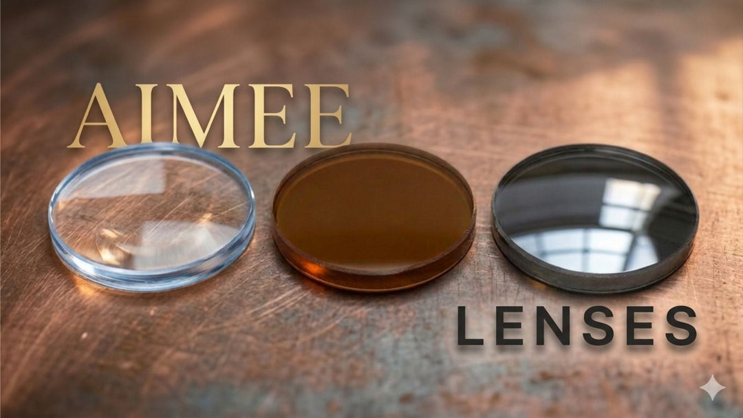 Three uncut round optical lens blanks from the Aimee MR Series — clear 1.61/1.67 high-index lens, dark tinted sunglass lens, and polarized lens with mirror coating, displayed on a white background