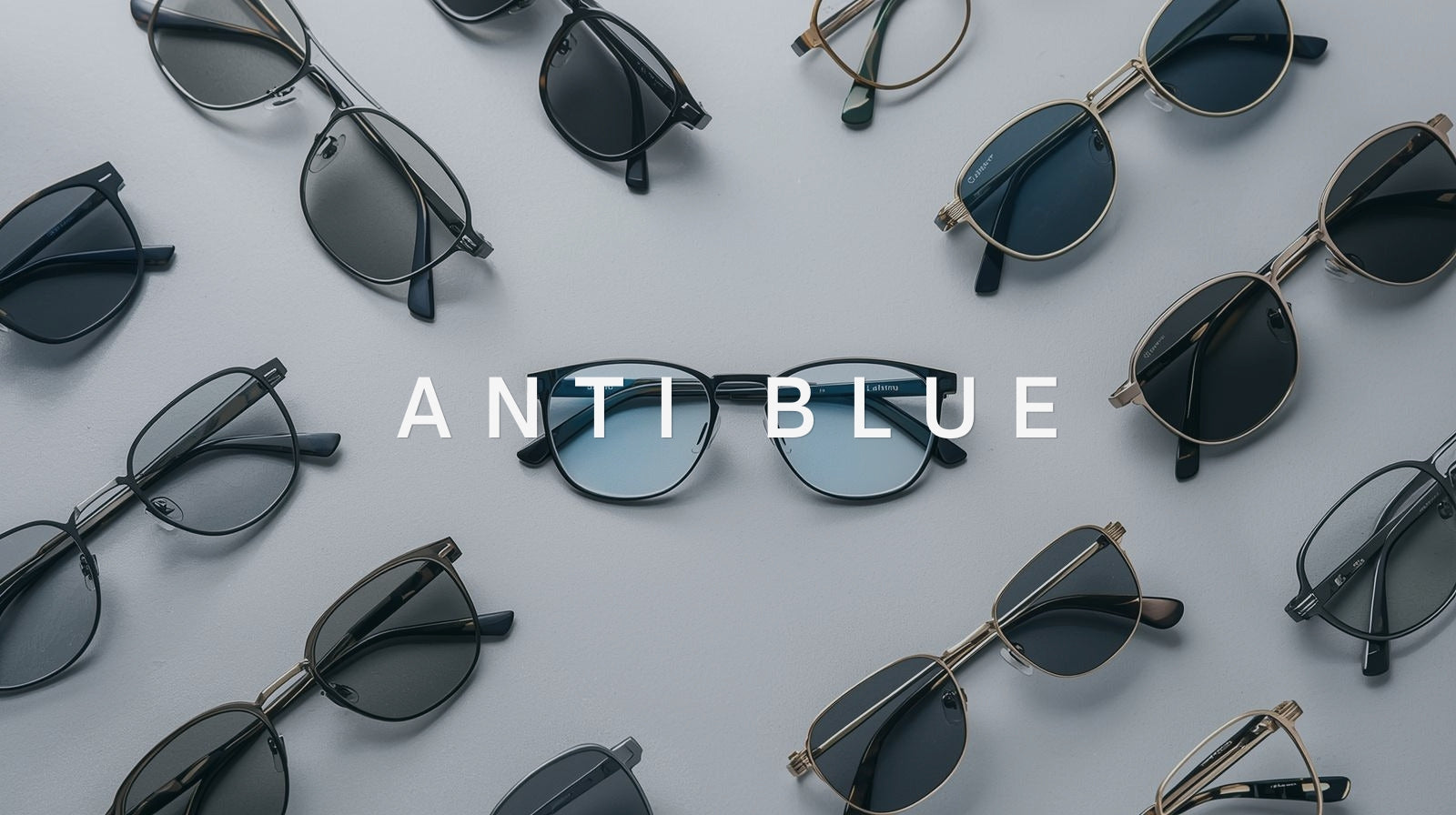 The FuzWeb Anti Blue collection, featuring a variety of protective eyewear including progressive lenses, photochromic sunglasses, and anti-glare driving glasses with blue light filtering technology.