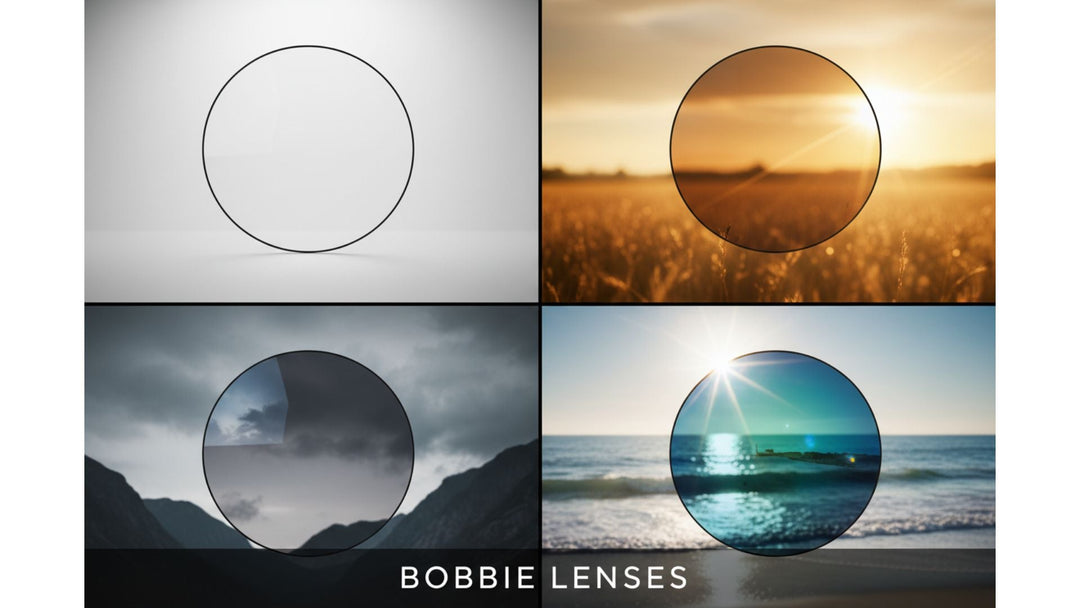 Four Bobbie Mitsui MR-Series optical lens blanks in a collage — clear, tinted, photochromic, and polarized — each shown in different lighting conditions, representing the full Bobbie lens range