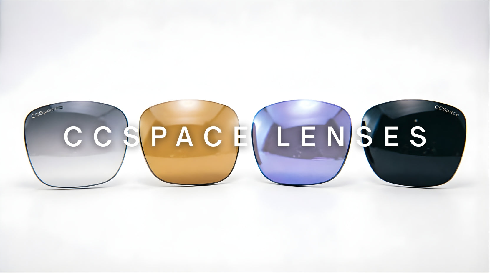 FuzWeb CCSpace Lenses Collection featuring photochromic gray, anti-blue light, amber driving, and black tinted prescription lenses with aspheric and progressive options for complete vision protection