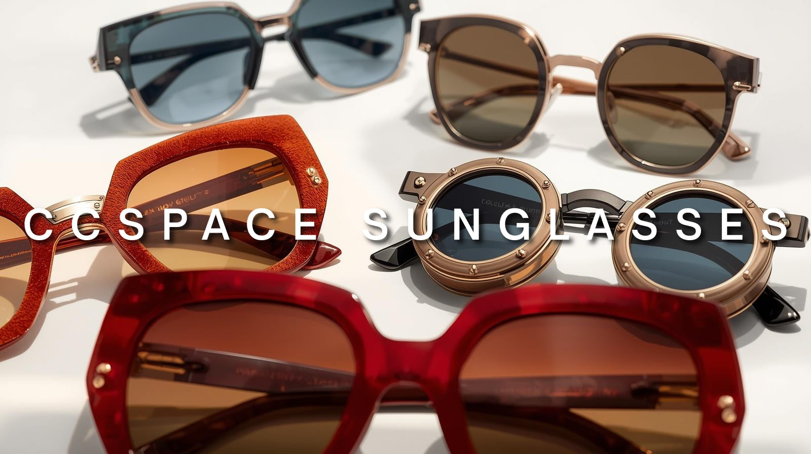 FuzWeb CCSpace Sunglasses Collection featuring polarized cat-eye velvet frames, rimless rectangle styles, oversized rivet goggles, and steampunk one-lens designs in alloy and resin for outdoor activities and fashion