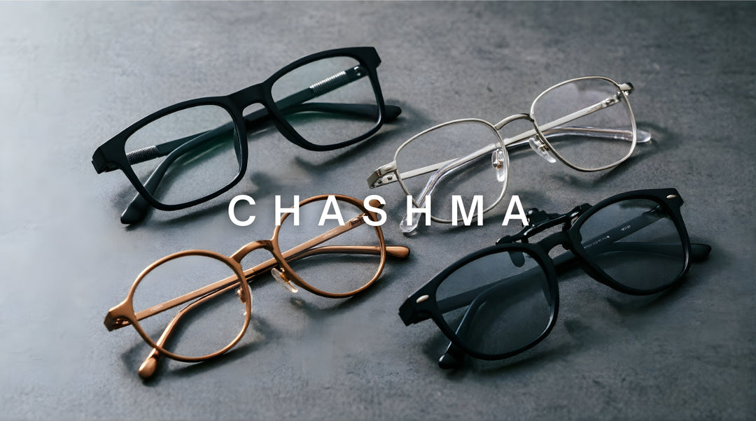 FuzWeb Chashma Eyeglasses Collection featuring full-rim titanium alloy frames with spring hinges, semi-rimless stainless steel, round TR90 bronze frames, and polarized clip-on sunglasses for premium vision solutions