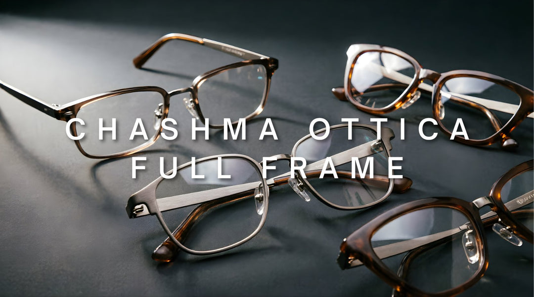 FuzWeb Chashma Ottica Full Frame eyewear: premium stainless steel, titanium, acetate frames in square and cat-eye styles on dark aesthetic background.