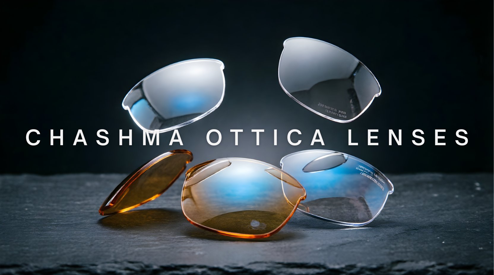 FuzWeb Chashma Ottica Lenses Collection featuring single vision, progressive, photochromic, and polarized lenses with gradient tint effects and UV protection on dark textured background