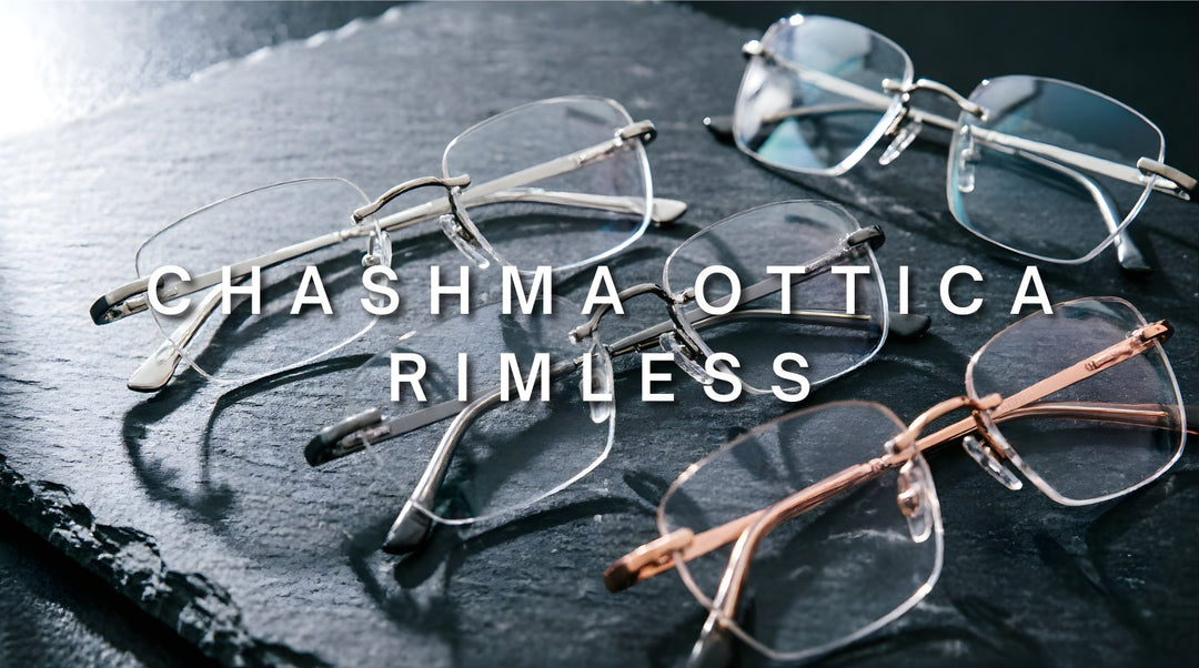 FuzWeb Chashma Ottica Rimless Collection featuring minimalist titanium and stainless steel rimless eyeglasses in square, round, and polygon shapes with customized lenses for unisex modern sophisticated style on dark background