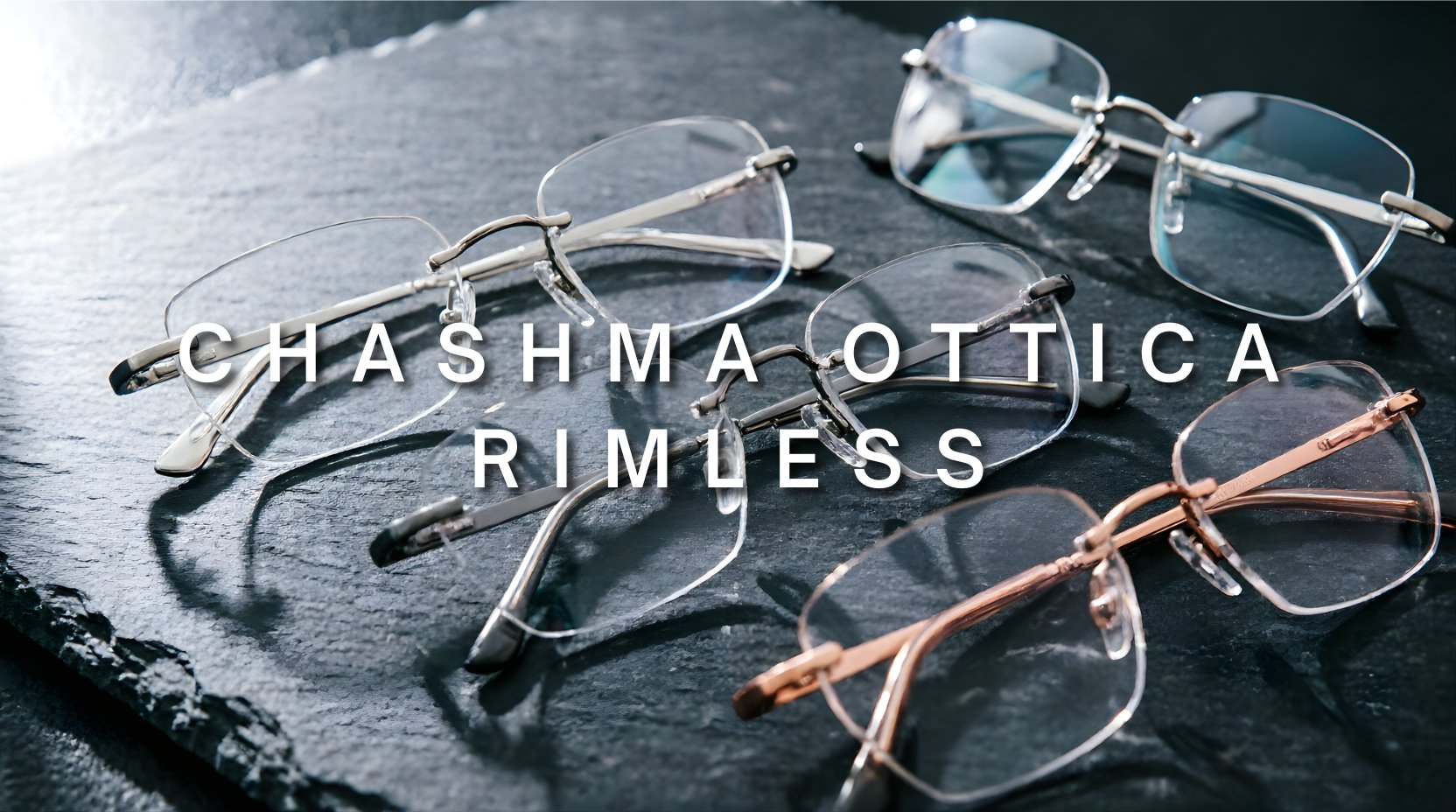 FuzWeb Chashma Ottica Rimless Collection featuring minimalist titanium and stainless steel rimless eyeglasses in square, round, and polygon shapes with customized lenses for unisex modern sophisticated style on dark background